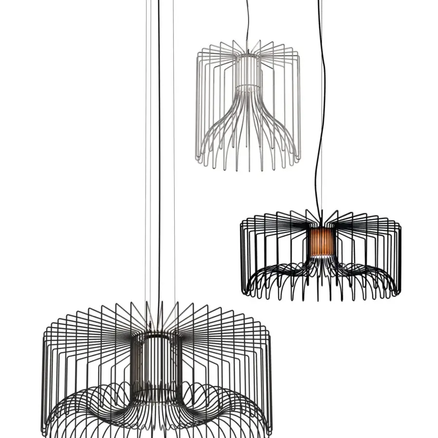 Captivating Modo Luce Icaro outdoor suspension lamp with black painted steel wire body and curvilinear accents
