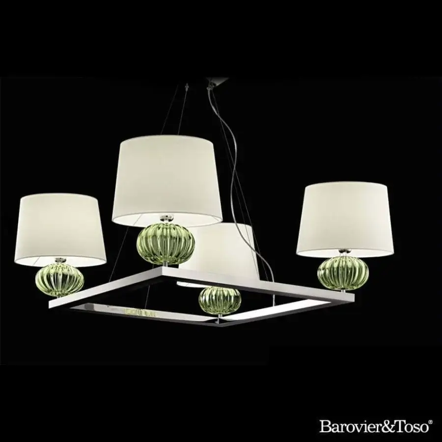 Sophisticated Barovier&Toso Matrioska suspension lamp with rectangular shades and textured green glass elements in a metallic frame