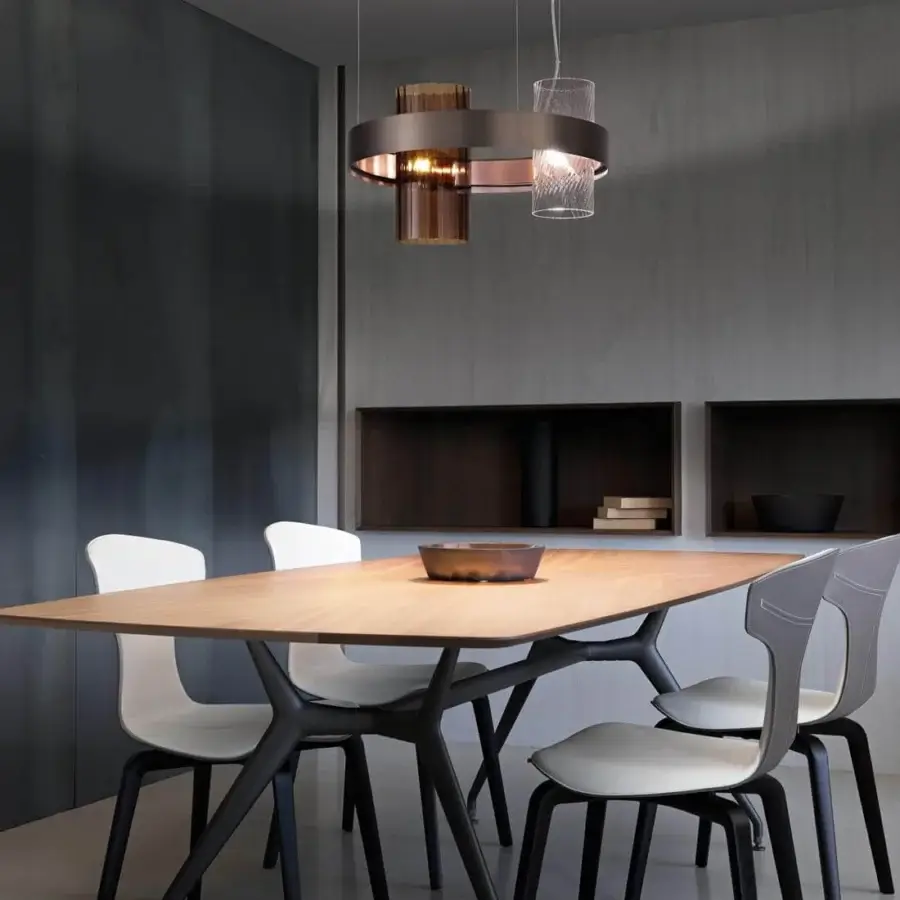 Exceptional Vistosi Armonia suspension lamp with a dark bronze metal ring and glass cylinder diffusers in clear textured and translucent brown tones