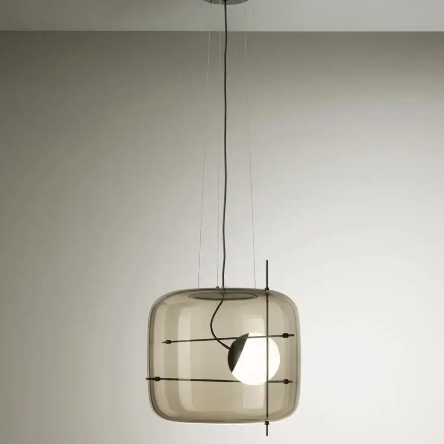 Distinguished Vistosi Plot suspension lamp with a smokey brown glass shade and intricate black metal rod frame