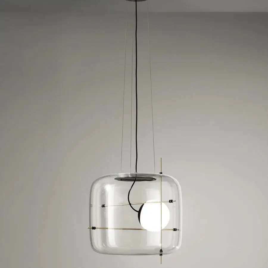 Exceptional Vistosi Plot suspension lamp with transparent crystal glass and gold-colored metal rods encircling a matte white light source