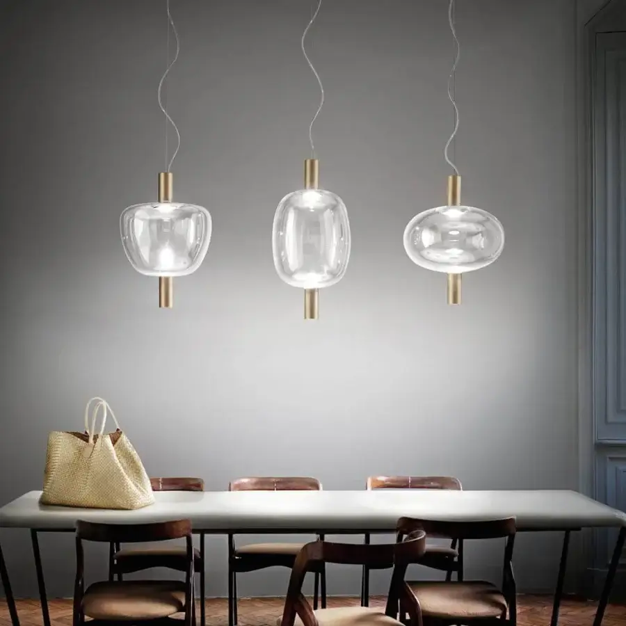 Distinguished Vistosi Riflesso lamp with rounded transparent glass and satin golden cylindrical metal fitting