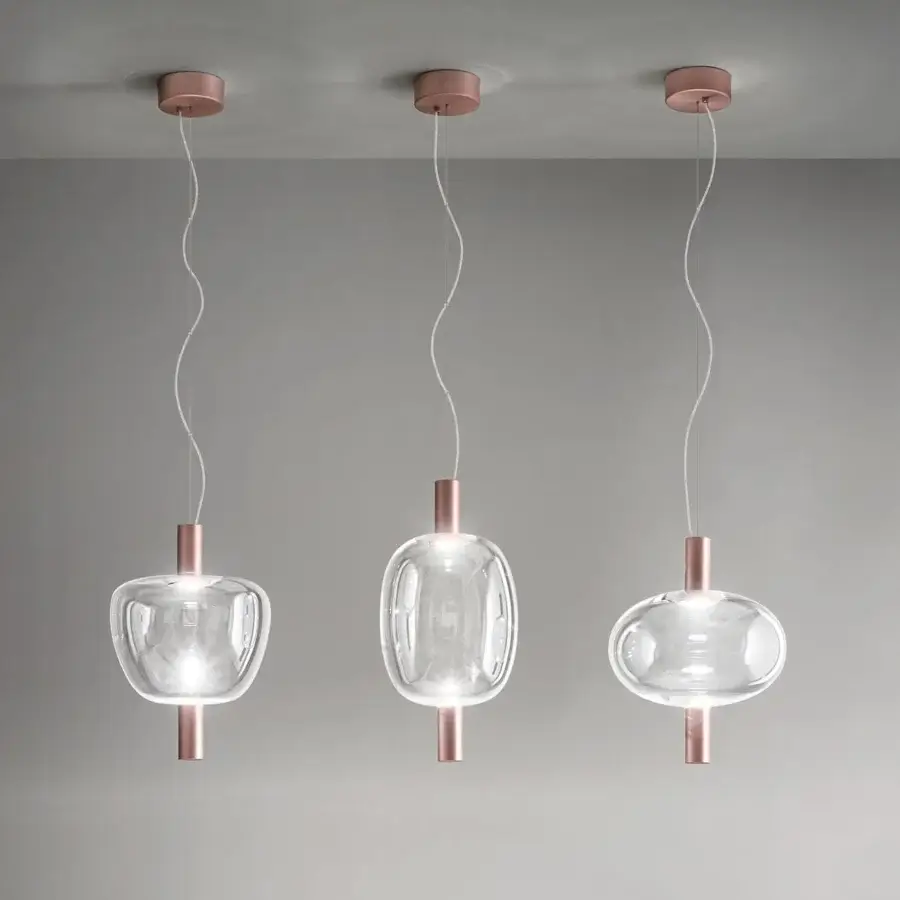 Exclusive Vistosi Riflesso lamp with clear glass bubble and smooth matte copper-toned metal construction