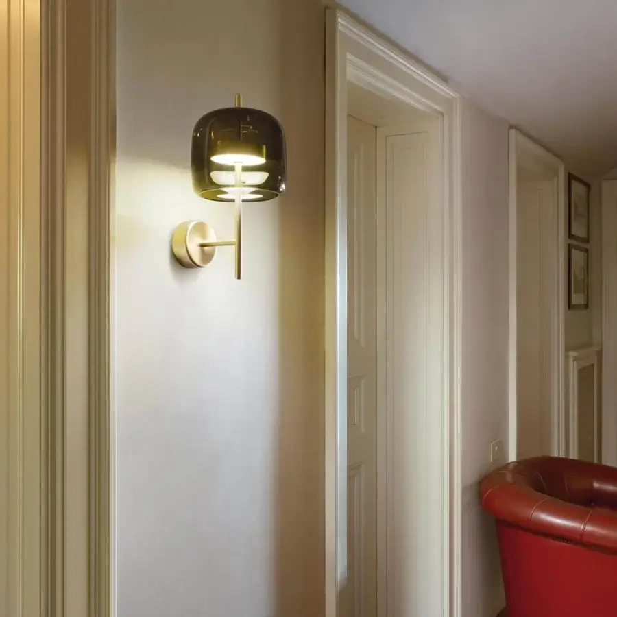 Elegant Vistosi Jube wall lamp with smoky brown semi-transparent glass and matte gold metal structure