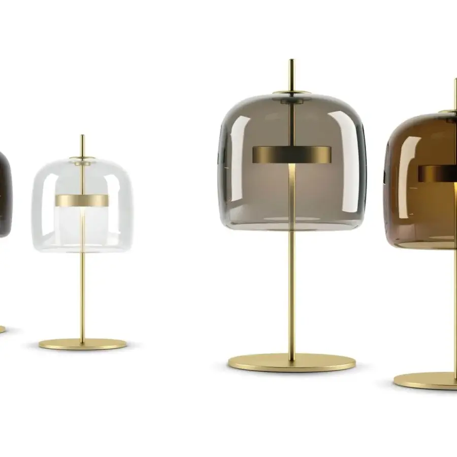 Distinguished Vistosi Jube table lamp with warm amber blown glass diffuser and matt gold metal rod with circular base
