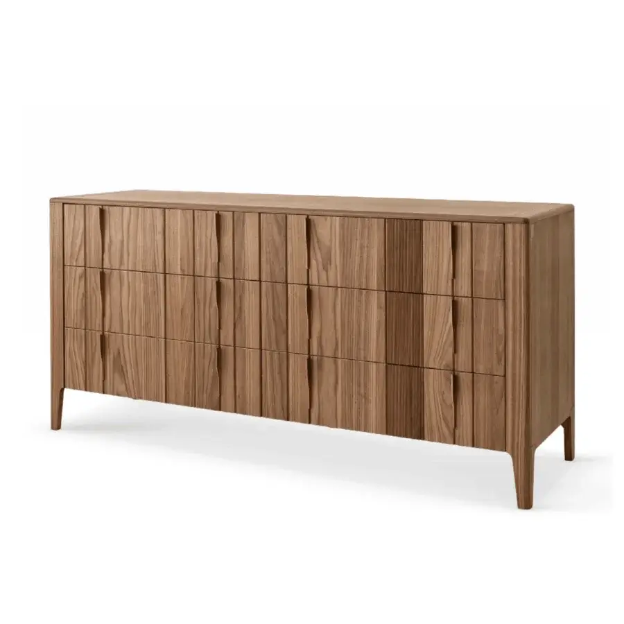 Sophisticated Modesign Domino dresser in warm medium brown wood with matte finish vertical paneling and fluted detailing
