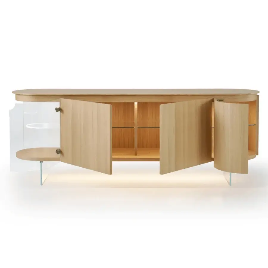Exquisite Modesign sideboard in light brown wood and glass with matte finish and visible grain pattern