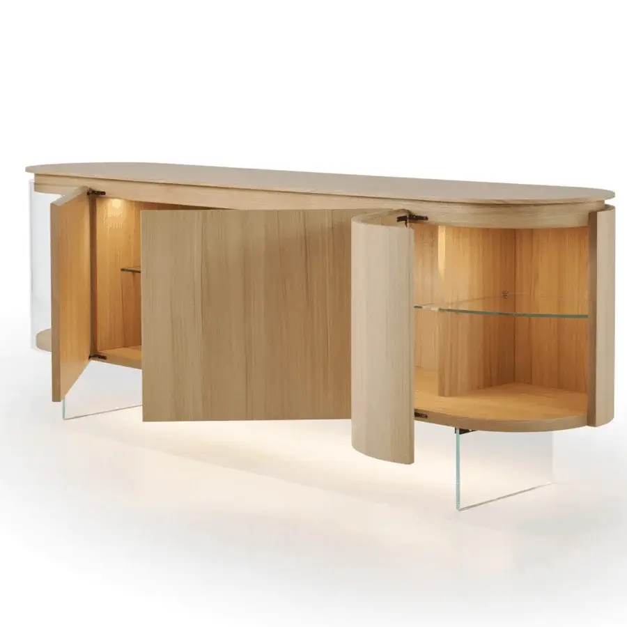 Luxury Modesign Saffio sideboard in warm natural wood with matte finish curved edges transparent glass support shelving