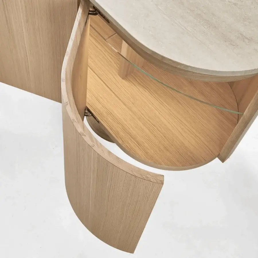 Exquisite Modesign Saffio sideboard in light natural wood and matte stone with curved ends