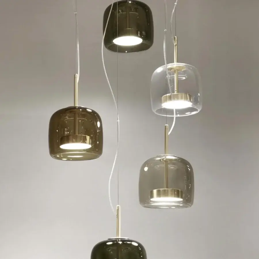 Elegant Vistosi Jube suspension lamp with translucent brown and gray blown glass and glossy matt gold metal parts