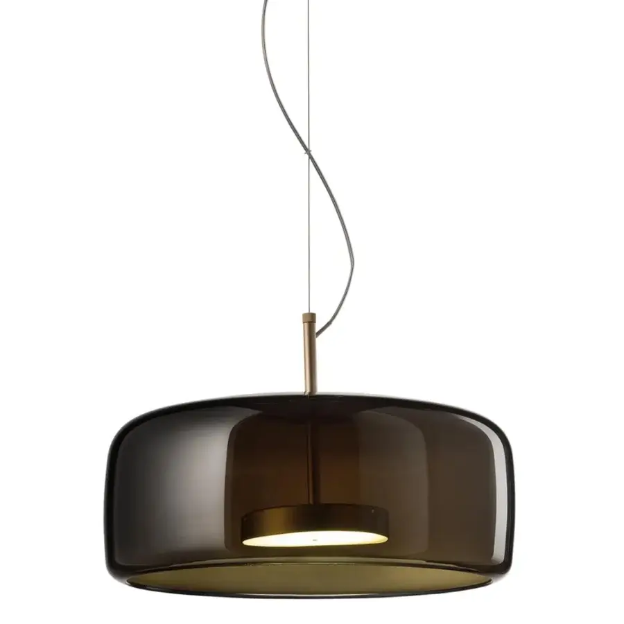 Superior Vistosi Jube suspension lamp with dark translucent hand-blown glass and matt gold metal accents