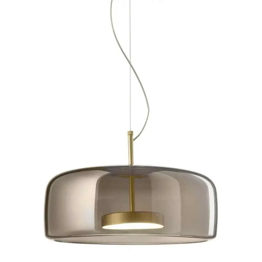Exclusive Vistosi Jube suspension lamp with rounded blown glass in smoked gray and matte gold metal parts