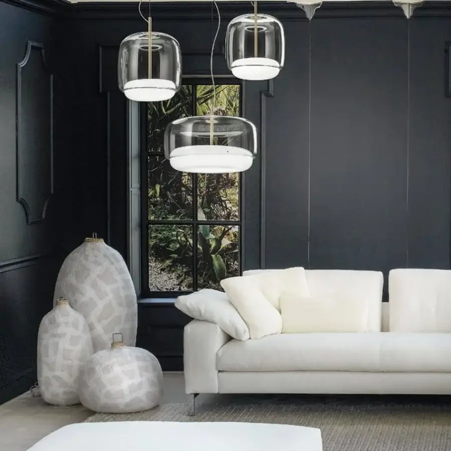 Elegant Vistosi Jube suspension lamp with clear blown glass and white matte inner diffuser in matt gold finish