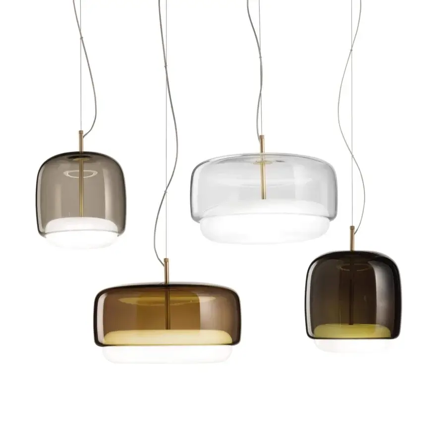 Distinguished Vistosi Jube suspension lamp with hand-blown glass diffusers in clear, grey and brown hues with matte gold finished metal rods