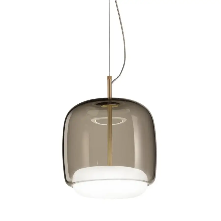 Captivating Vistosi Jube suspension lamp with smokey gray blown glass and matte gold finished metal construction