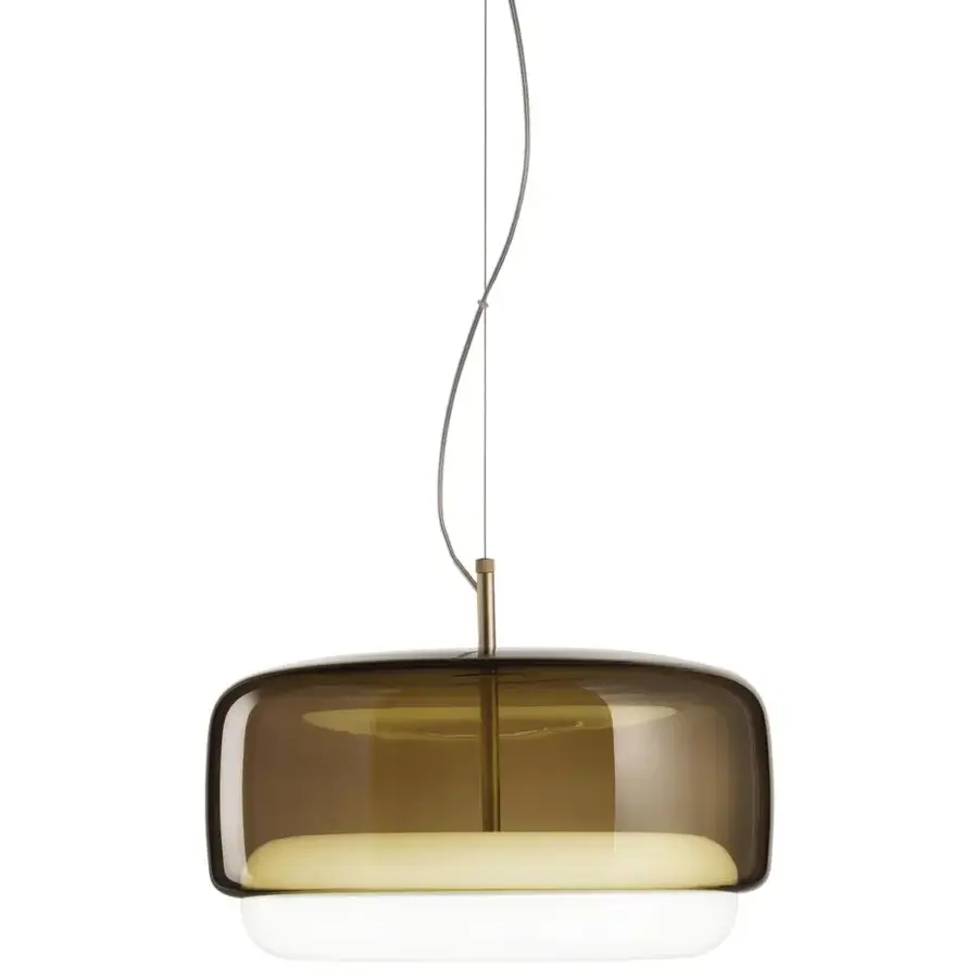 Distinguished Vistosi Jube suspension lamp with stacked hand-blown glass shades in dark brown and soft white with matte gold hardware