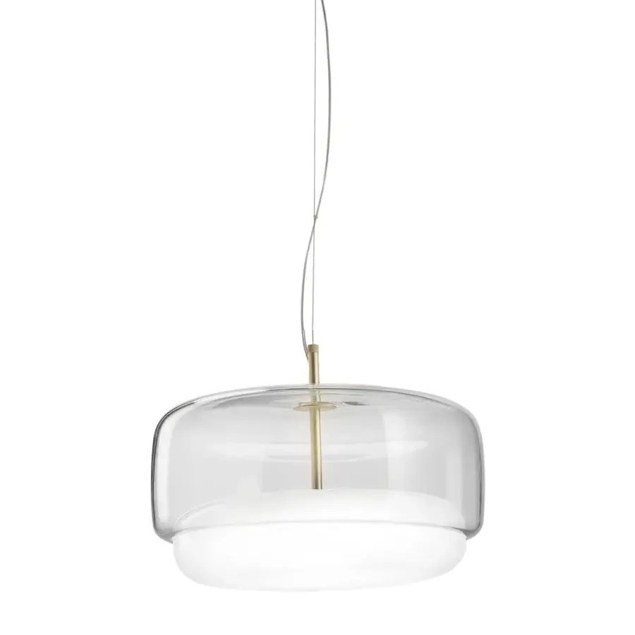 Exceptional Vistosi Jube suspension lamp with hand-blown glass in clear and matte white, suspended by a matte gold finished metal rod