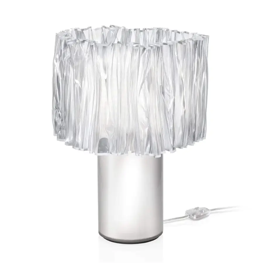 Elegant Slamp Accordeon table lamp with a clear textured Lentiflex® lampshade and polished silver tone base crafted in Italy