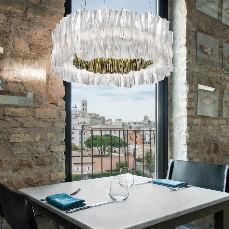 Exceptional Slamp Accordeon suspension lamp crafted from translucent white Lentiflex® with inner gold tone