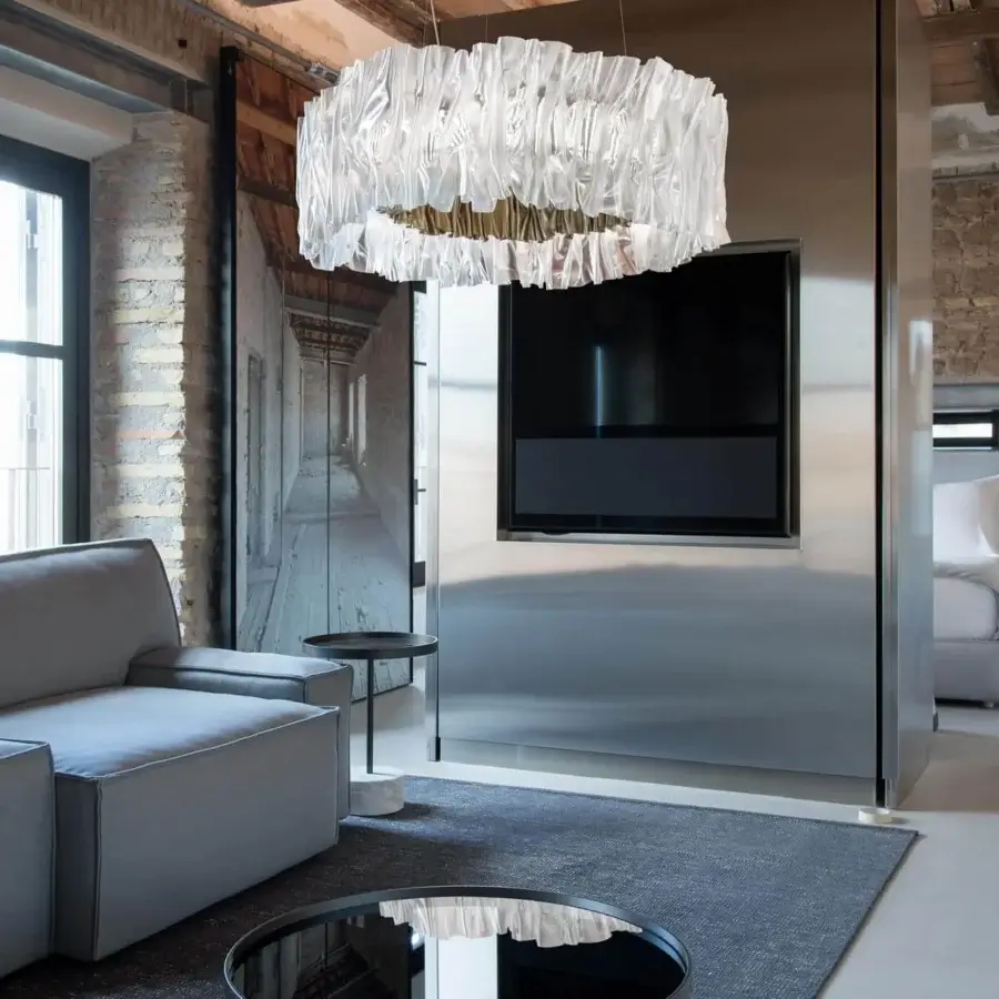 Distinguished Slamp Accordeon suspension lamp with clear white Lentiflex® diffuser and golden metallic core finish