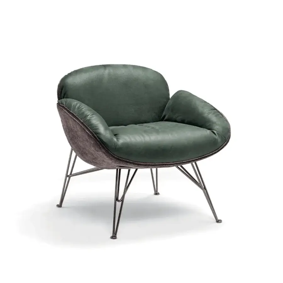 Exquisite Arketipo Juno lounge chair featuring green smooth leather and brown textile with dark metal base
