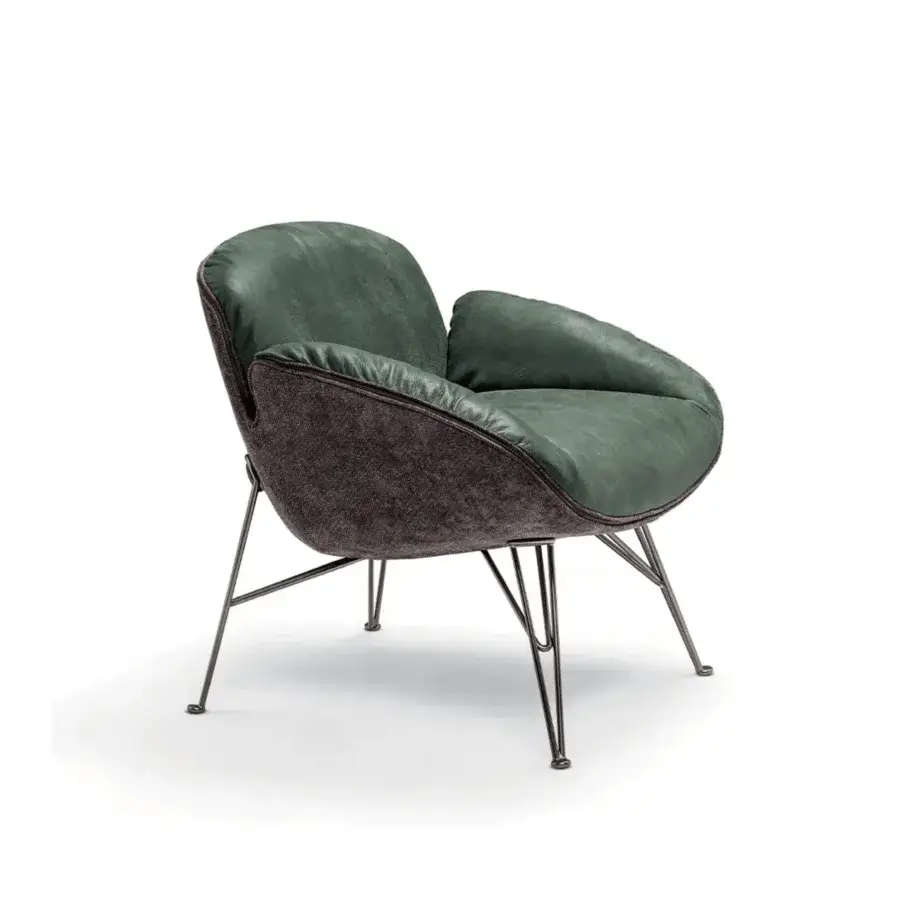 Luxury Arketipo Juno lounge chair with green smooth upholstery, grey woven exterior and metal feet