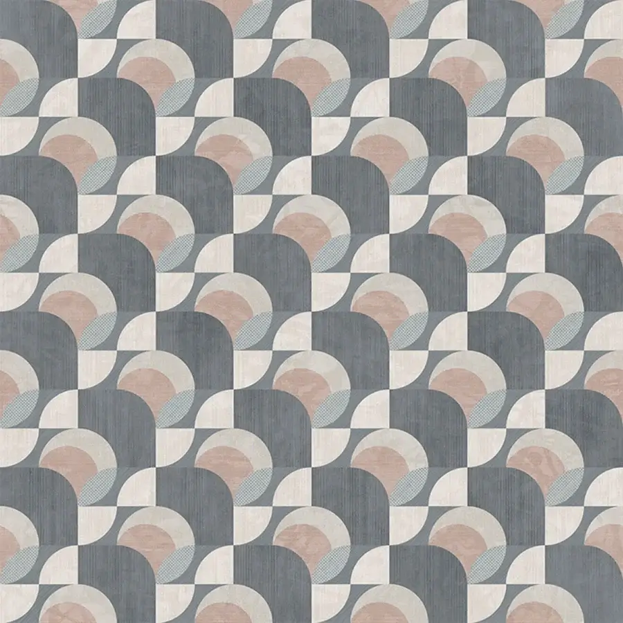 Refined Tecnografica wallcovering showing abstract architectural arches in dark grey off-white terracotta and blue matte finish