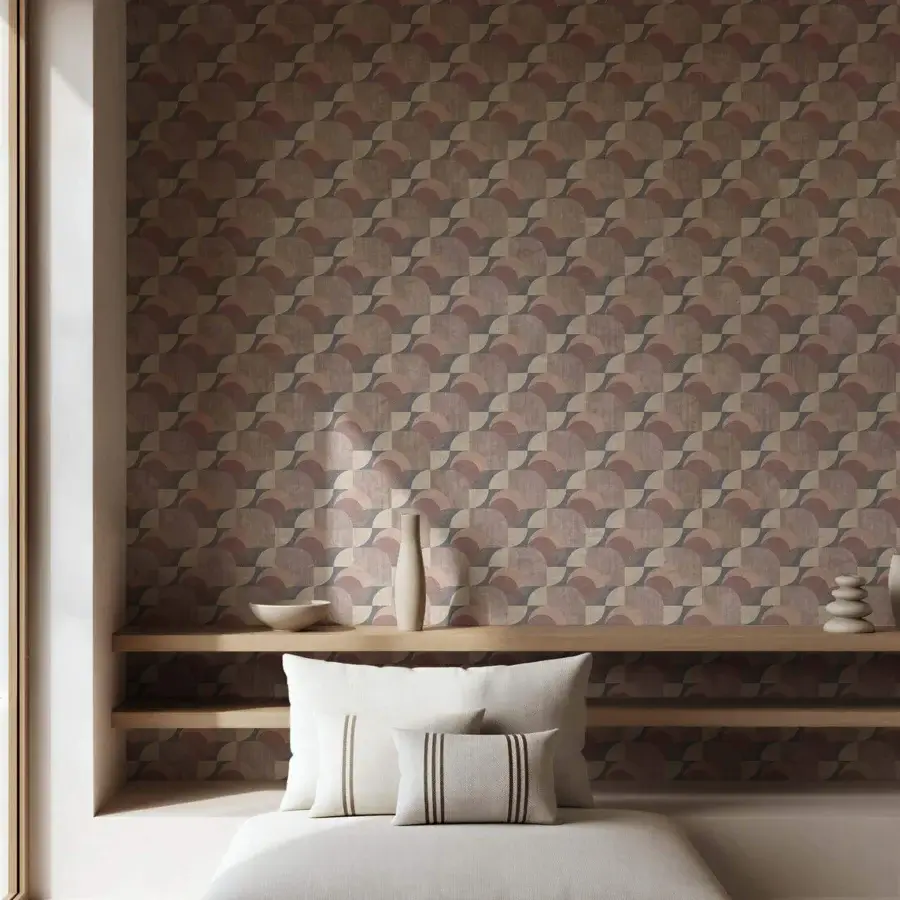 Sophisticated Tecnografica Italian Wallcoverings wallcovering featuring interlocking geometric arches in pink, blue, beige, brown and matte finish
