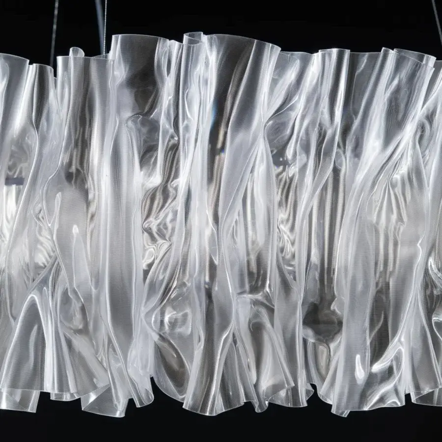 Distinguished Slamp Accordeon suspension lamp crafted in Italy with clear Lentiflex® and transparent white strips