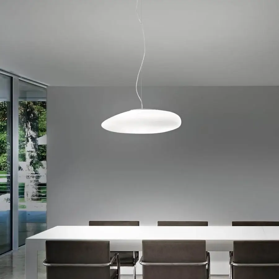 Refined Vistosi Neochic suspension lamp with a simple form and matt white glass lampshade suspended by a thin cable