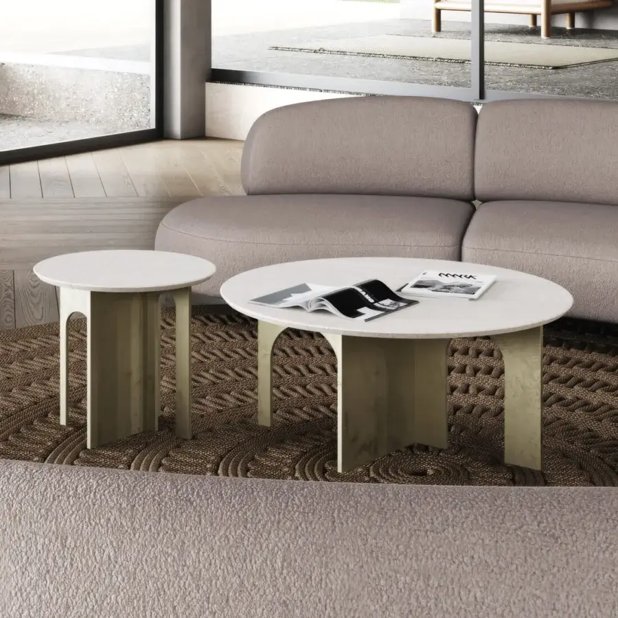 Exquisite Paolo Castelli Arche coffee table in natural ivory polished stone and champagne satin metal