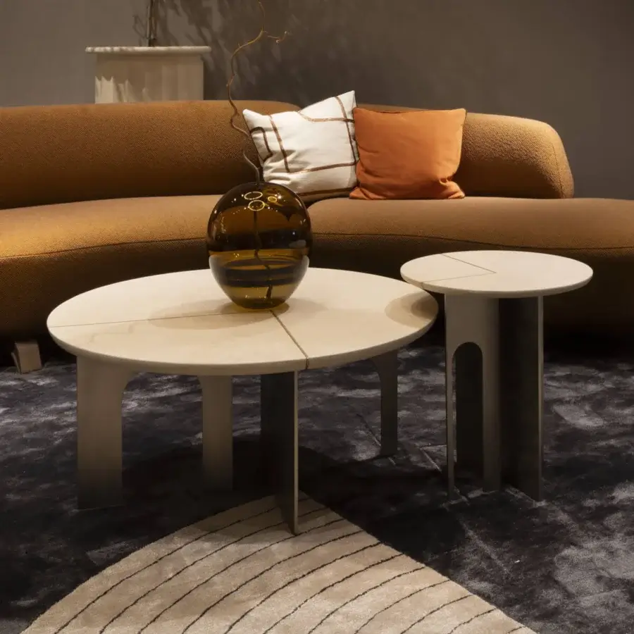 Exquisite Paolo Castelli Arche coffee table set in ivory polished stone with champagne satin metal base