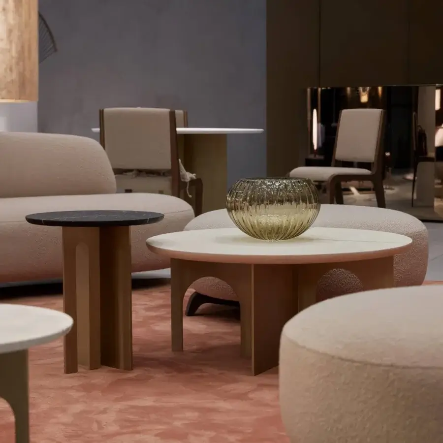 Sophisticated Paolo Castelli Arche coffee table featuring ivory polished stone and champagne satin metal base
