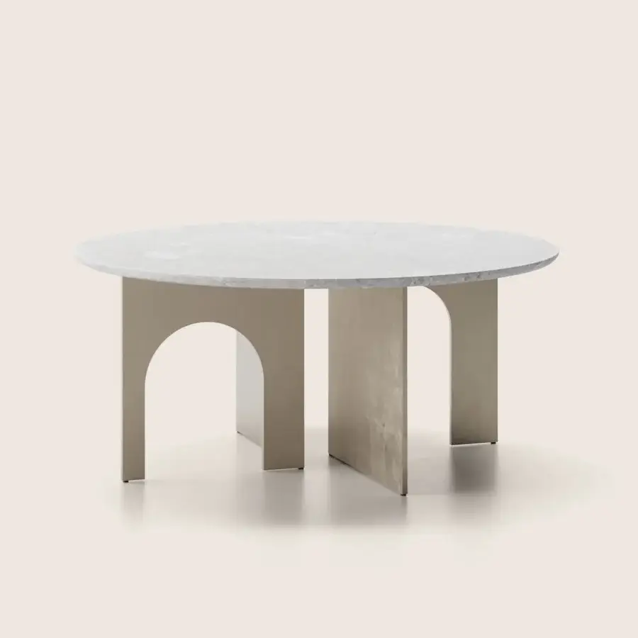 Exquisite Paolo Castelli coffee table with cross-shaped champagne satin metal base and natural ivory polished stone top