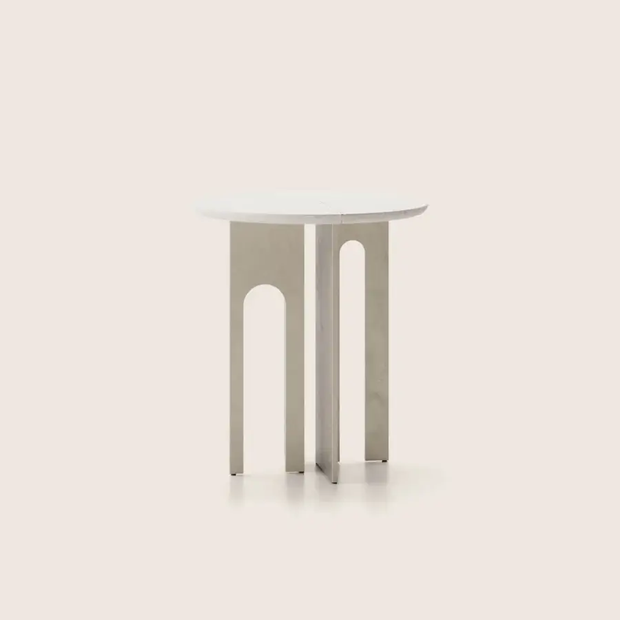 Sophisticated Paolo Castelli coffee table with architectural cross shaped support, champagne satin metal base, and natural ivory polished stone top