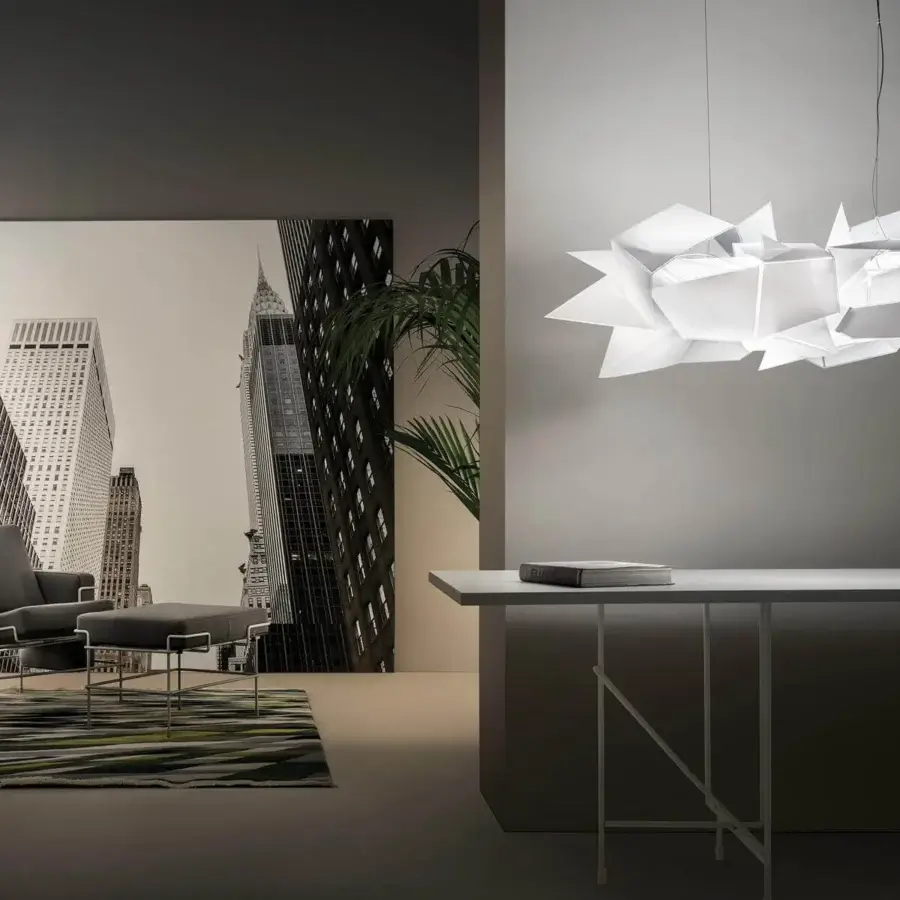 Avant-garde Slamp Cordoba suspension lamp crafted from white techno-polymer with an intricate geometric structure and matte finish
