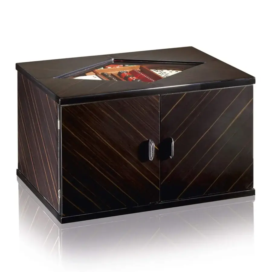 Luxury Agresti Notte di Giochi game chest in polished ebony wood with dark brown golden grain and glass top window…