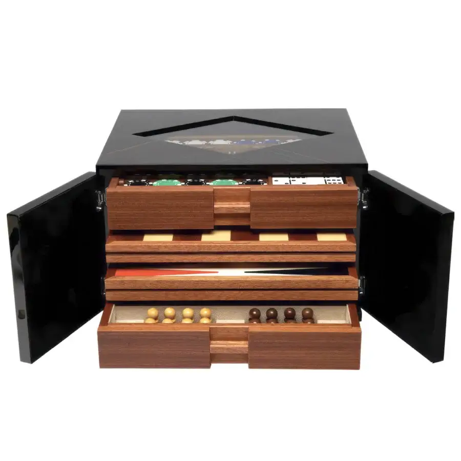 Exquisite Agresti multigame set cabinet crafted from polished ebony wood with a glossy black exterior and glass viewing window