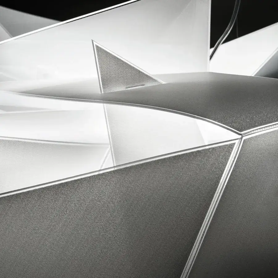 Innovative Slamp Cordoba suspension lamp crafted in light gray techno-polymer with modular triangular components and diffused glow