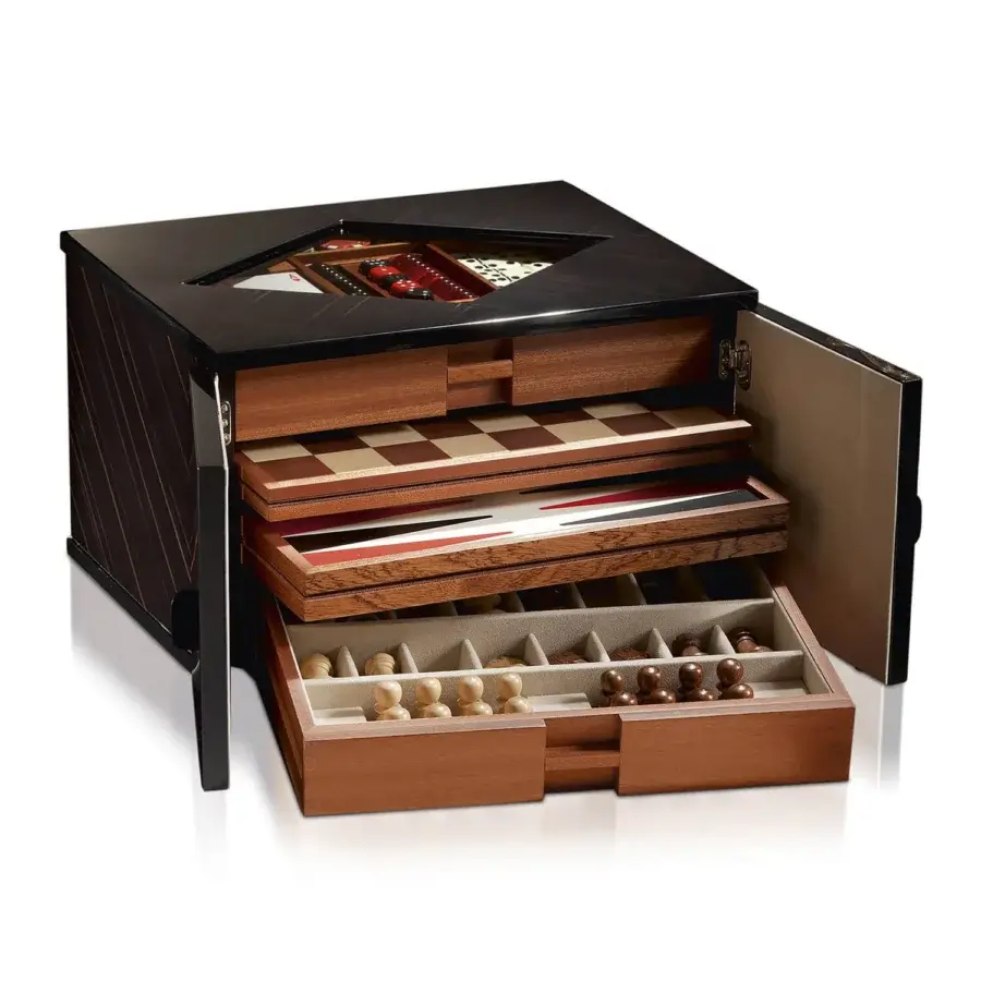 Sophisticated Agresti Notte di Giochi multigame set cabinet featuring polished ebony finish and dark brown linear wood grain patterns