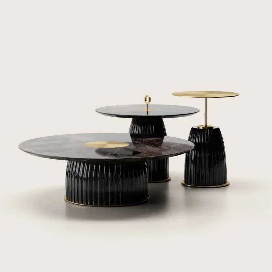 Exquisite Paolo Castelli Dione side table featuring a cylindrical gres base, white Carrara marble top, and brushed matt gold metal…