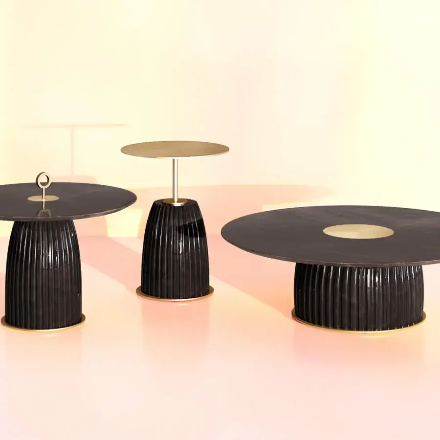Exquisite Paolo Castelli Dione side table featuring textured black gres base and polished dark stone top