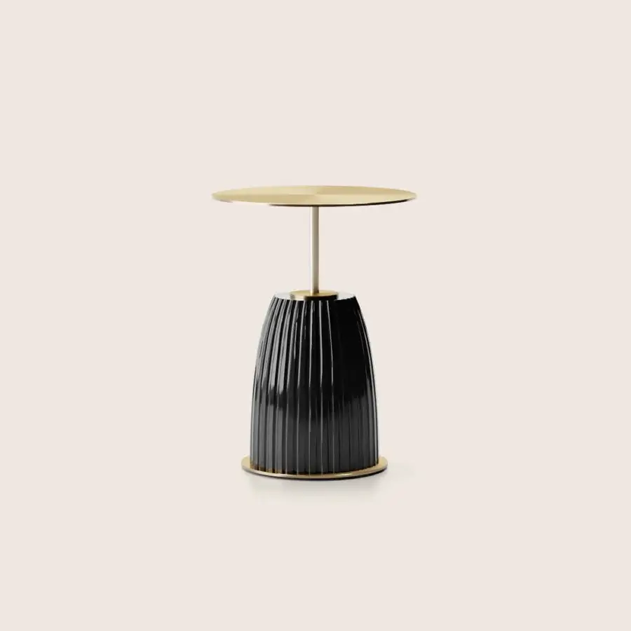 Exquisite Paolo Castelli Dione side table featuring a glossy black fluted ceramic base and brushed matt gold metal top