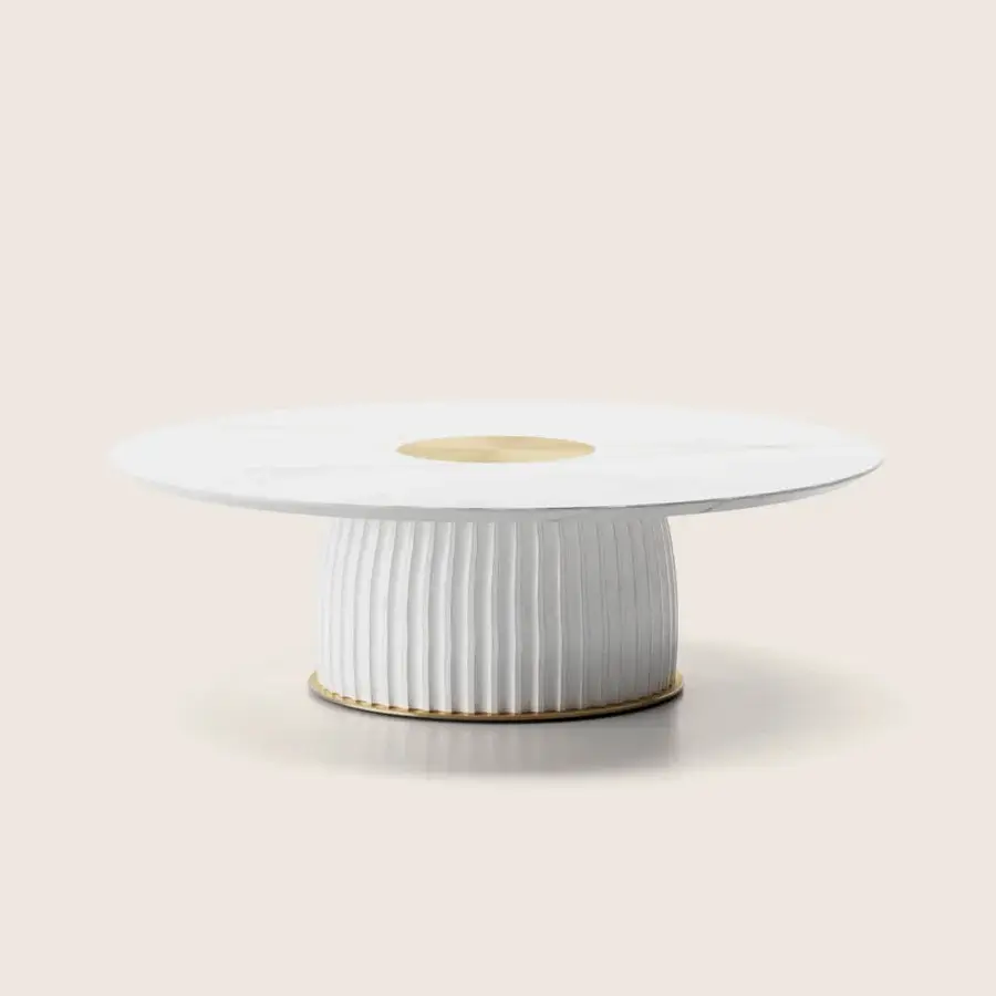 Exquisite Paolo Castelli Dione side table featuring fluted gres base white marble top gold metal disc