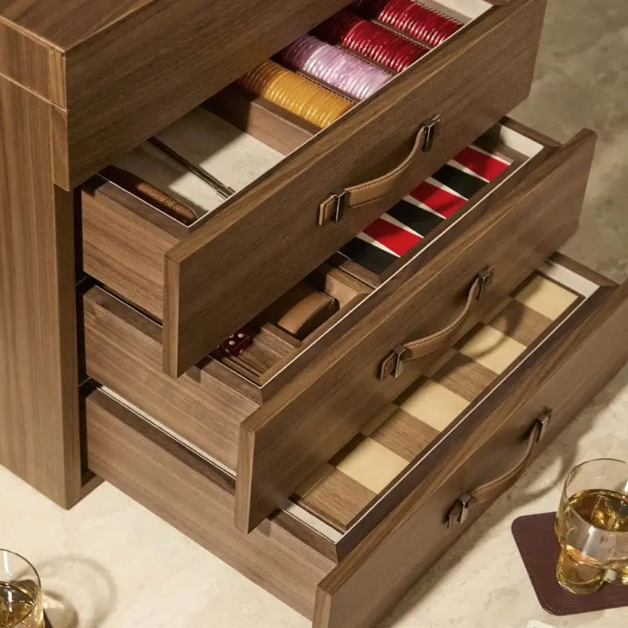 Exquisite Agresti Casino Passion gaming chest in medium brown wood with semi gloss finish and leather handles