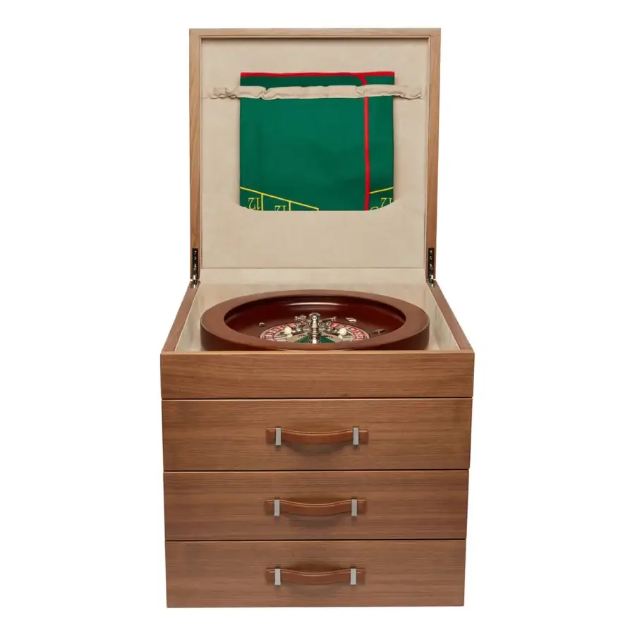 Sophisticated Agresti Casino Passion multigame chest in medium-brown wood with smooth satin finish and tan leather handles