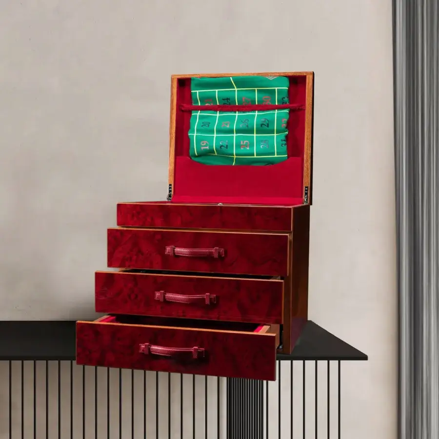 Luxury Agresti Casino Passion chest in dark red wood with high gloss finish swirling grain leather handles
