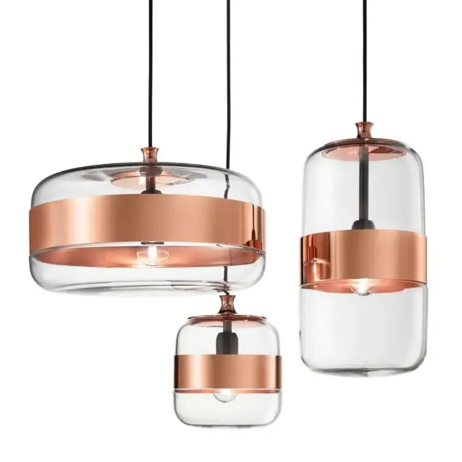 Exclusive Vistosi Futura suspension lamp with hand-blown glass and glossy copper metal ring crafted in Italy