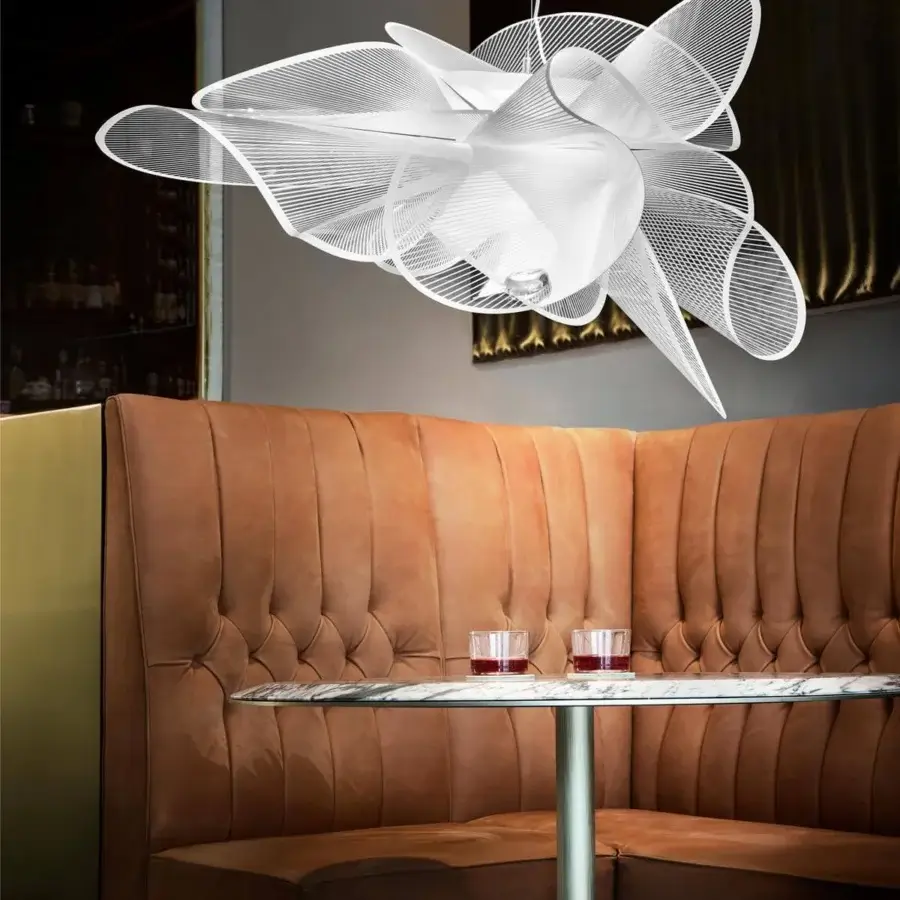 Avant-garde Slamp La Belle Étoile suspension lamp in transparent polymers with white printed texture and luminous LED core