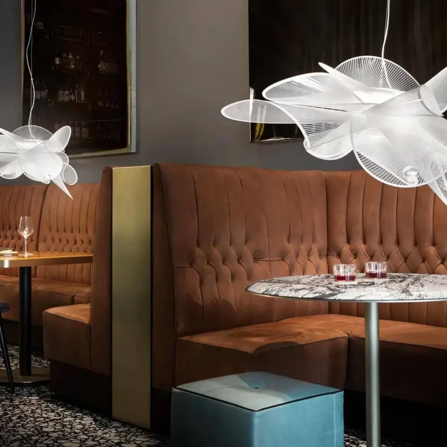 Superior Slamp La Belle Étoile suspension lamp crafted in transparent polymers with white printed texture and smooth matte finish
